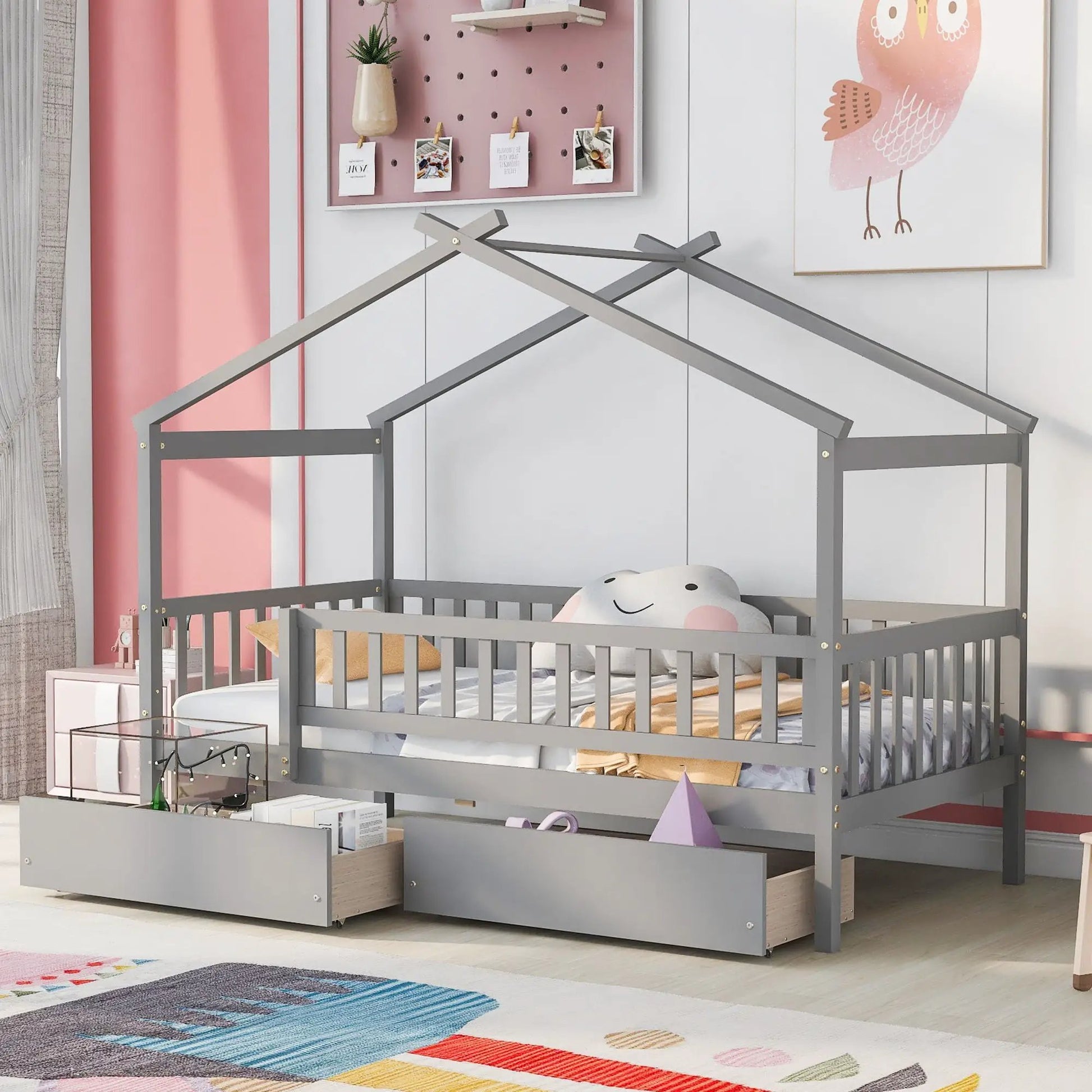 House Bed With 2 Drawers in gray metal frame, a kid's storage bed with two under drawers in a pink and white bedroom on Tampa Home & Garden Store