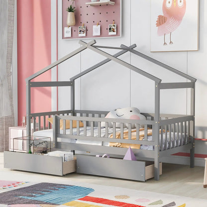 House Bed With 2 Drawers in gray metal frame, a kid's storage bed with two under drawers in a pink and white bedroom on Tampa Home & Garden Store