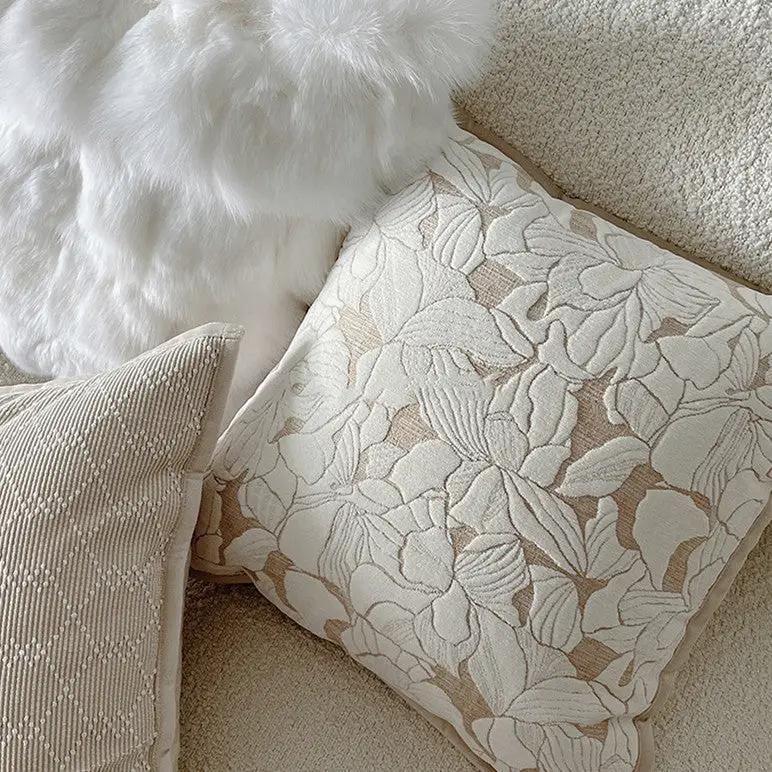 French Magnolia sofa pillow case, cream floral jacquard, 2 pillows on sofa on Tampa Home & Garden Store