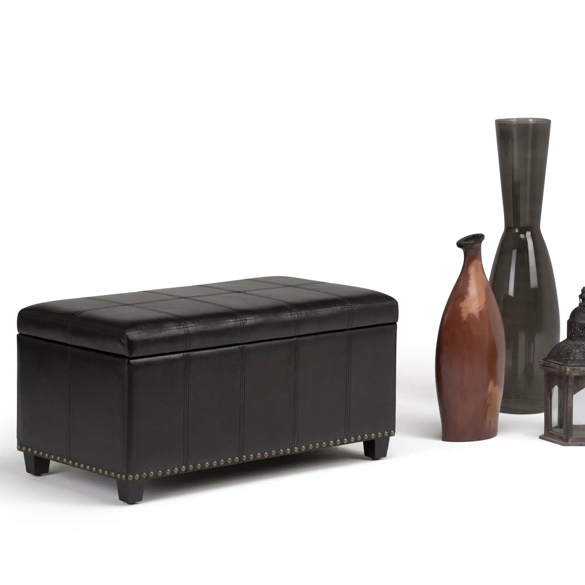 Amelia storage ottoman bench in black faux leather with nailhead trim by Unique Piece on Tampa Home & Garden Store