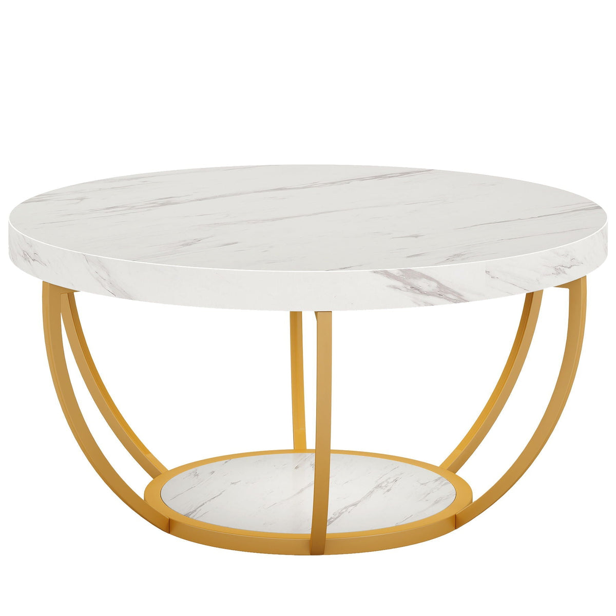 2 Tier Circle Coffee Table with Storage Shelves white marble top, gold curved legs on Tampa Home & Garden Store