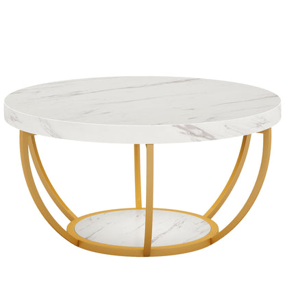 2 Tier Circle Coffee Table with Storage Shelves white marble top, gold curved legs on Tampa Home & Garden Store