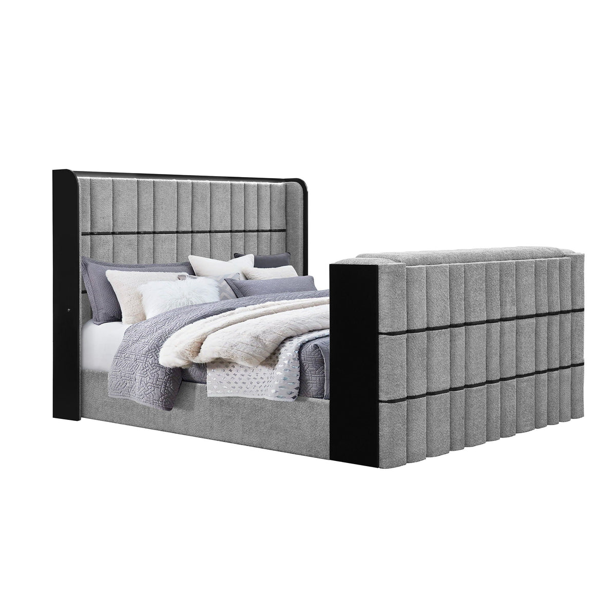 Isaiah upholstered bed with tufted grey headboard and matching grey bench, 2-piece set on Tampa Home & Garden Store
