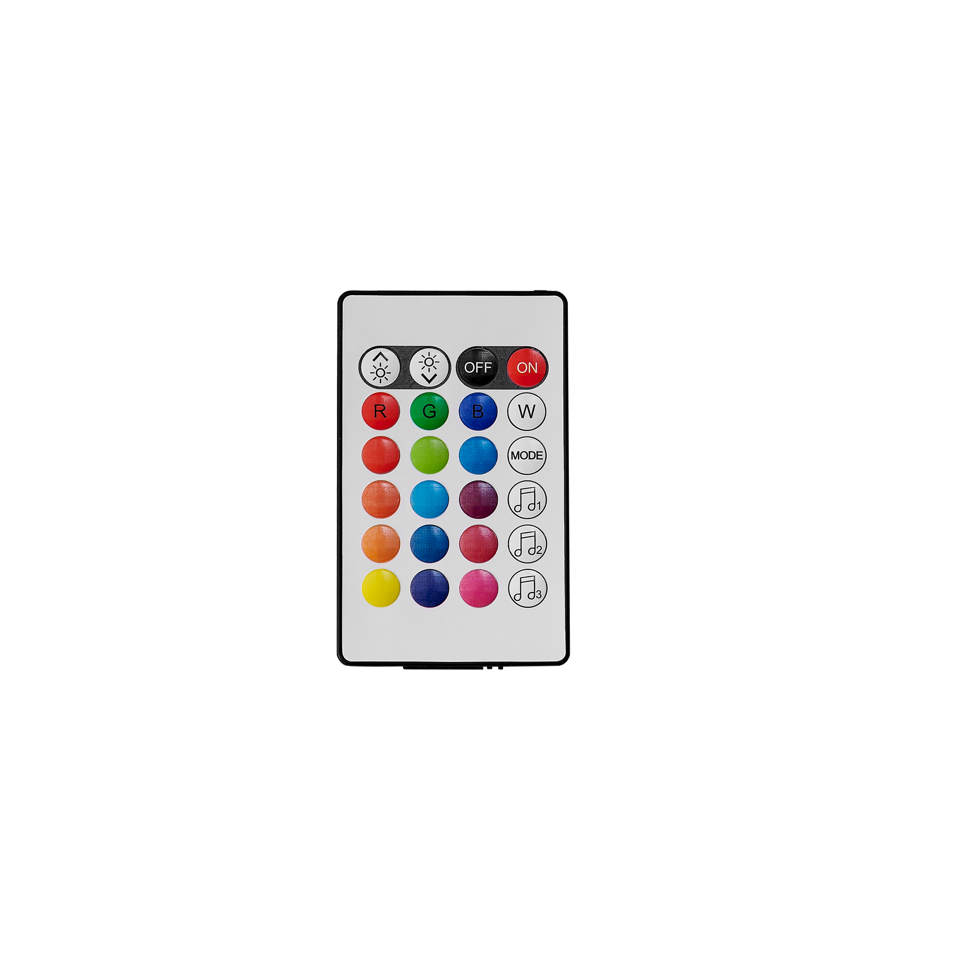 Remote control with colorful circular buttons and ON/OFF, MODE labels, black frame on Tampa Home & Garden Store