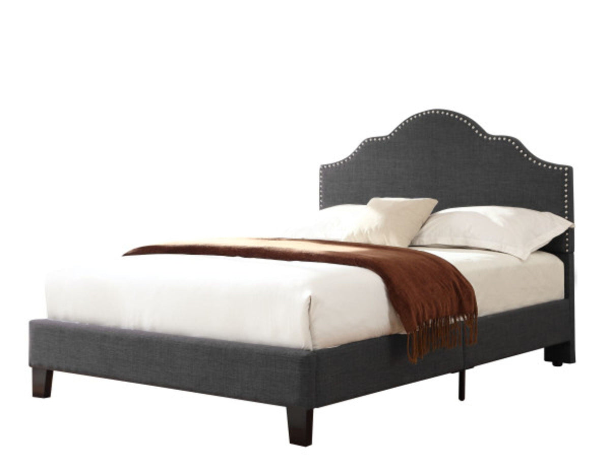 Kopa fabric upholstered bed in dark gray with nailhead trim and tapered legs HouseOfZazla on Tampa Home & Garden Store