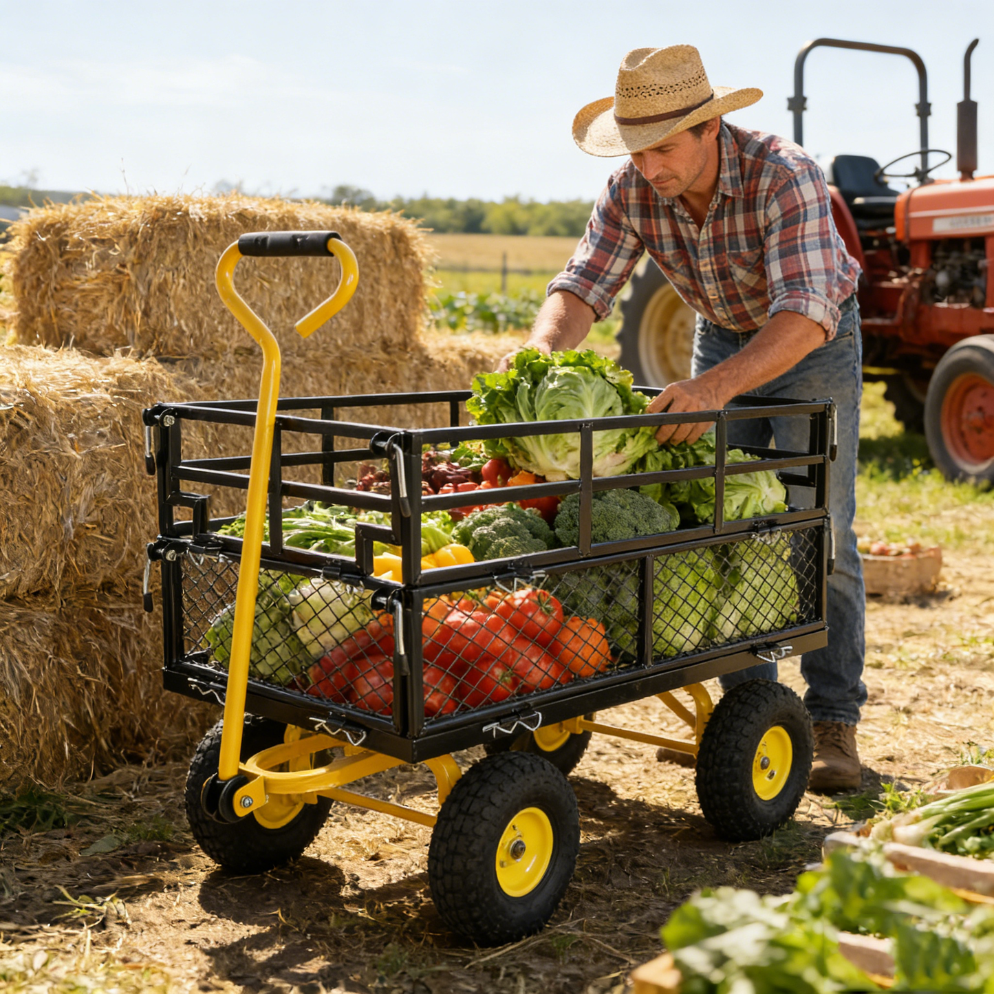 Outdoor Wagon cart by HouseOfZazla with black frame and yellow wheels hauling vegetables on Tampa Home & Garden Store