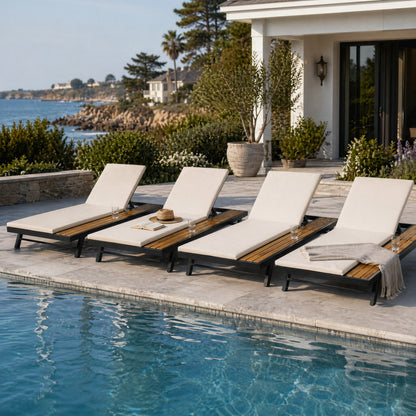 Black Iron and Teak Outdoor Chaise Lounge Set