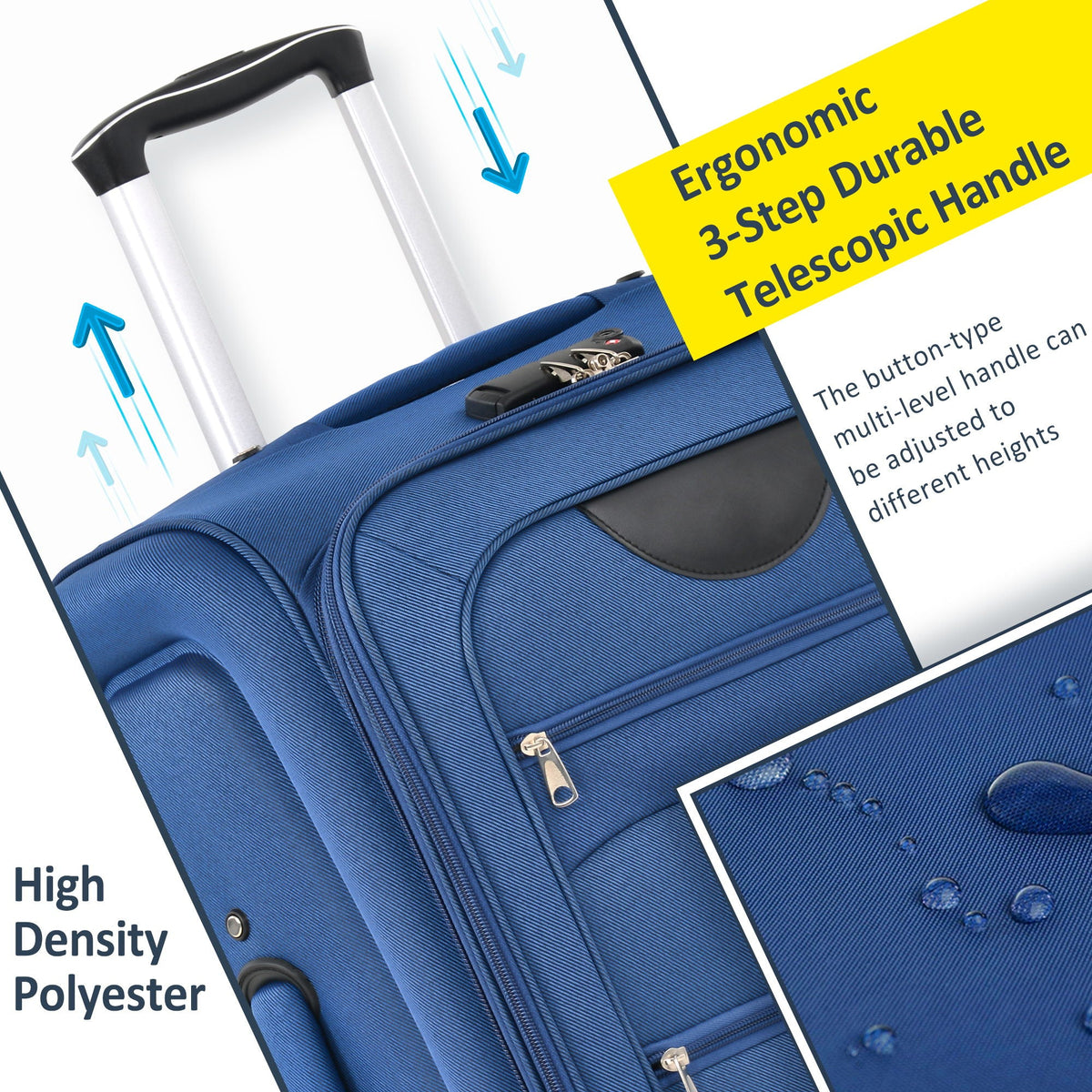 Softside blue 3-piece expandable luggage set by HouseOfZazla with upright spinner suitcases on Tampa Home & Garden Store