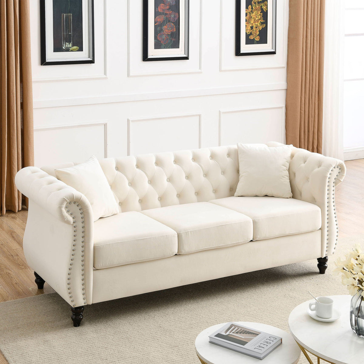 Chesterfield Sofa With Nailhead Trim and Cushions