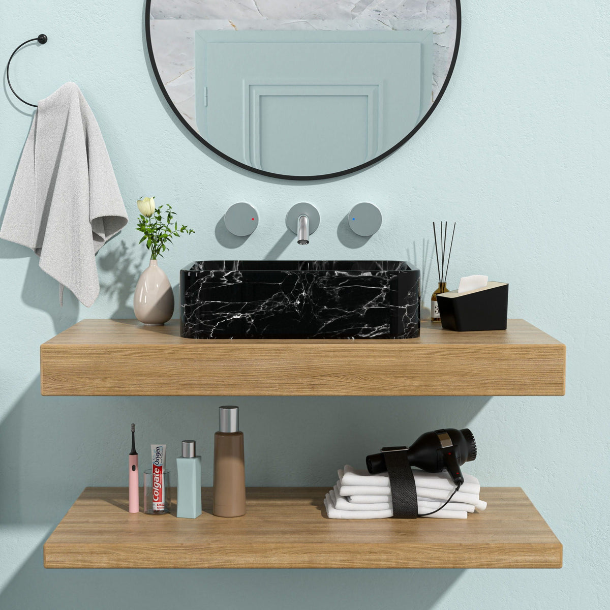 Rectangular Vessel Bathroom Sink in black and gray ceramic finish atop a light wood vanity on Tampa Home & Garden Store