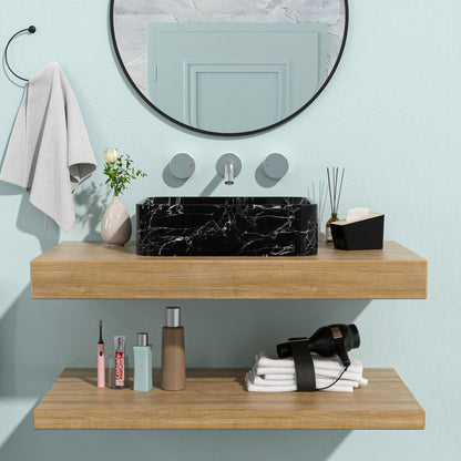 Rectangular Vessel Bathroom Sink in black and gray ceramic finish atop a light wood vanity on Tampa Home & Garden Store