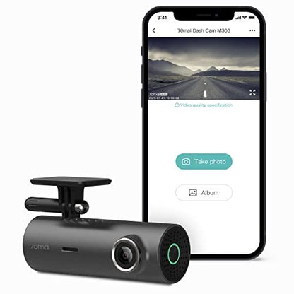 70mai Dash Cam M300 black in-car camera with mount; 1296P night vision and smartphone app screen shown beside it on Tampa Home & Garden Store