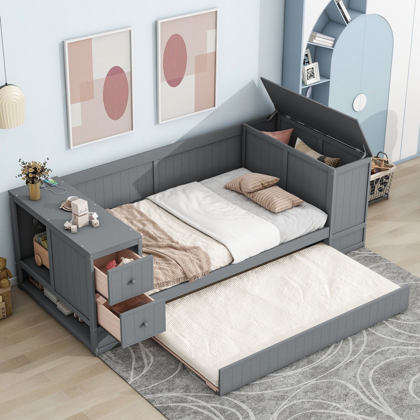 Daybed with storage arms, trundle and charging station in grey finish on Tampa Home & Garden Store
