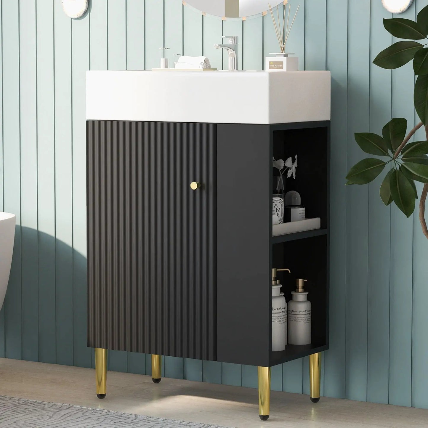 Bathroom vanity with ceramic sink by Unique Piece Furniture, white top, black ribbed cabinet on Tampa Home & Garden Store