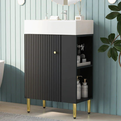 Bathroom vanity with ceramic sink by Unique Piece Furniture, white top, black ribbed cabinet on Tampa Home & Garden Store