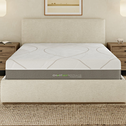 GhostBed Massage mattress beige fabric with quilted cover on a wooden bed frame on Tampa Home & Garden Store