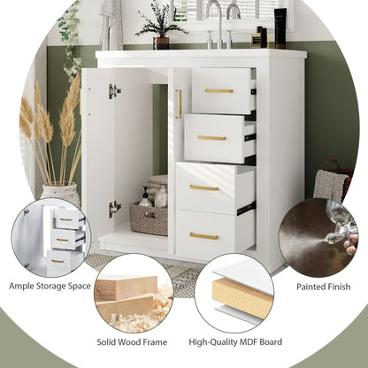 White freestanding bathroom vanity with sink, 3 drawers and soft-close doors, gold handles on Tampa Home & Garden Store