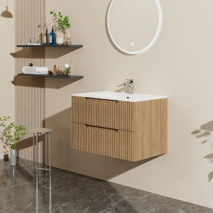 30in walnut wall-mounted vanity with sink and soft-close drawers; round backlit mirror on Tampa Home & Garden Store