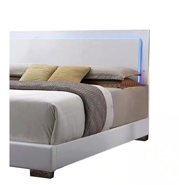 Lorimar white faux leather panel bed by HouseOfZazla with LED-lit headboard on Tampa Home & Garden Store