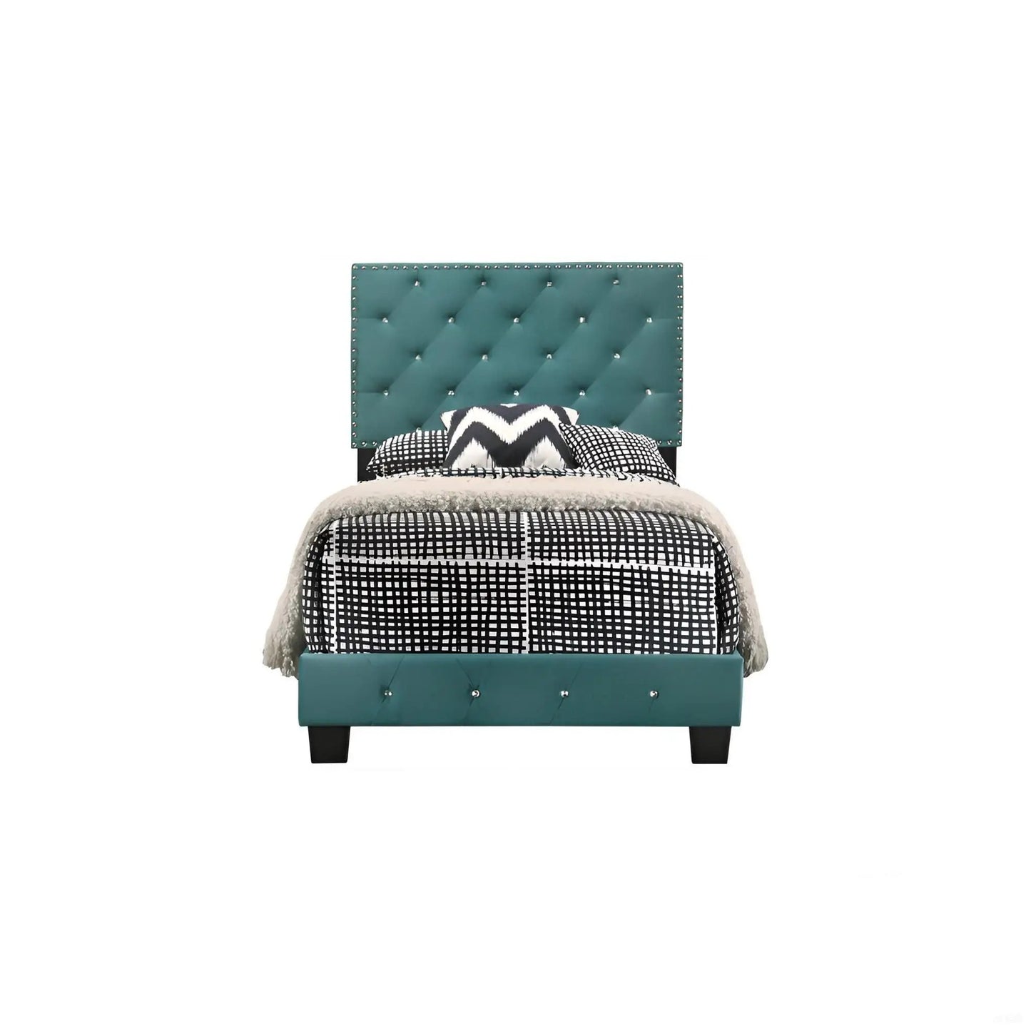 Luxurious upholstered bed teal tufted headboard with studded trim, Unique Piece Furniture on Tampa Home & Garden Store