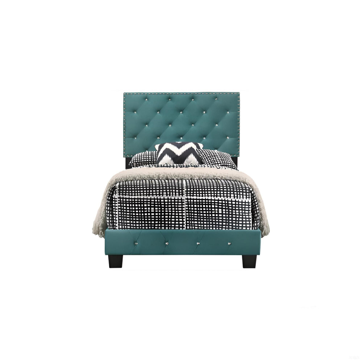Luxurious Upholstered Bed with teal tufted headboard, nailhead trim, and black-white bedding by HouseOfZazla on Tampa Home & Garden Store