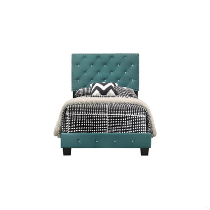 Luxurious Upholstered Bed with teal tufted headboard, nailhead trim, and black-white bedding by HouseOfZazla on Tampa Home & Garden Store
