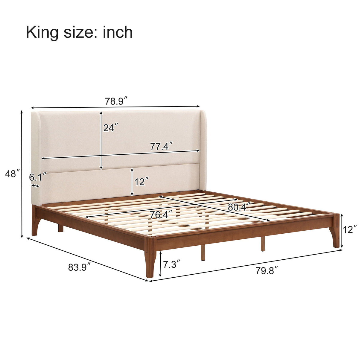 King size platform bed with beige upholstered headboard and brown wood frame with slat base on Tampa Home & Garden Store