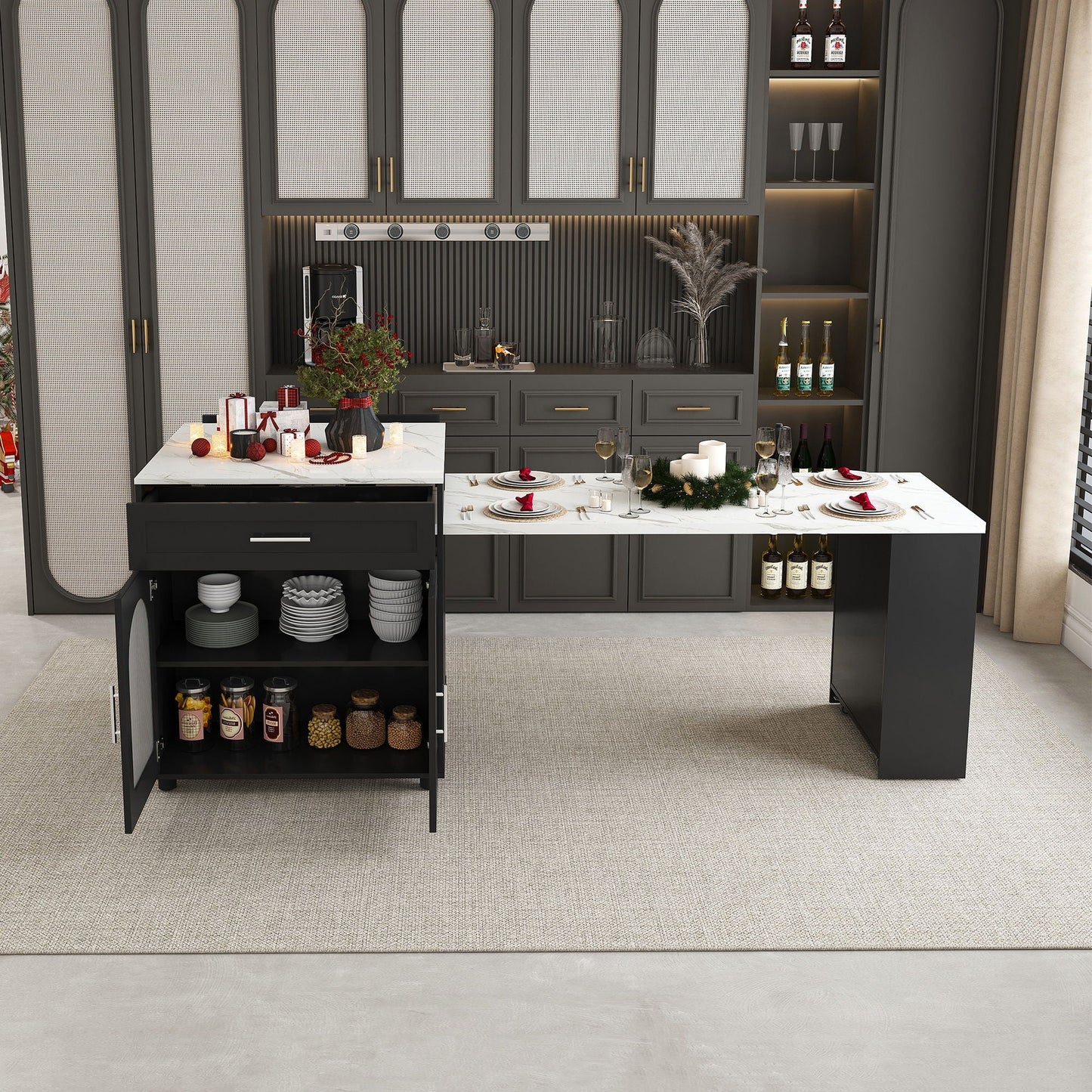 Expandable kitchen island with power outlet, dark gray cabinetry, marble top, brass accents on Tampa Home & Garden Store