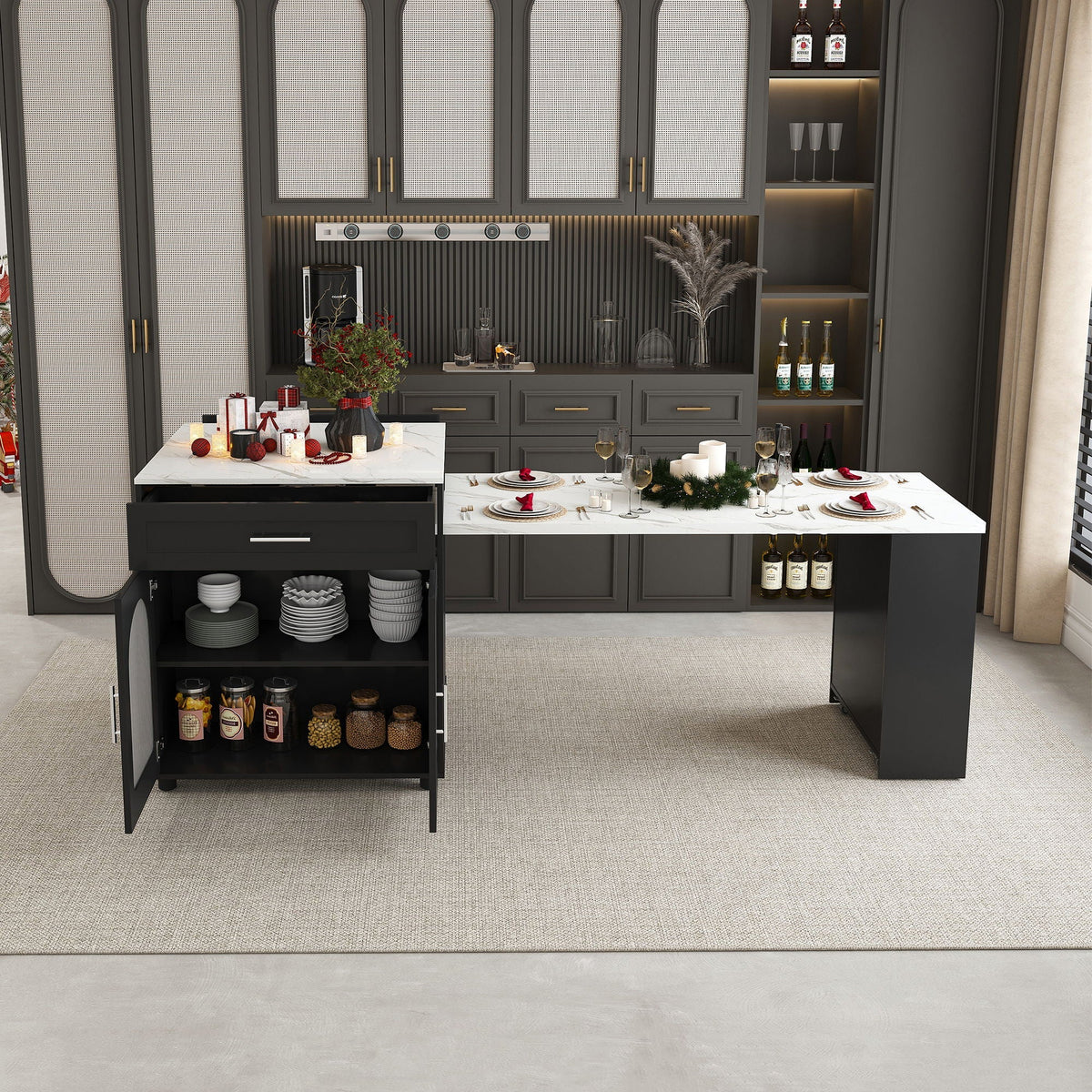 Expandable kitchen island with power outlet, dark gray cabinetry, marble top, brass accents on Tampa Home & Garden Store