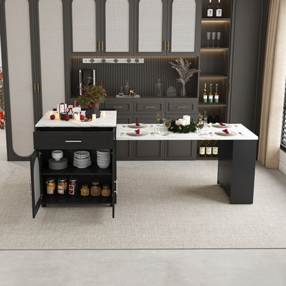 Expandable kitchen island with power outlet, dark gray cabinetry, marble top, brass accents on Tampa Home & Garden Store