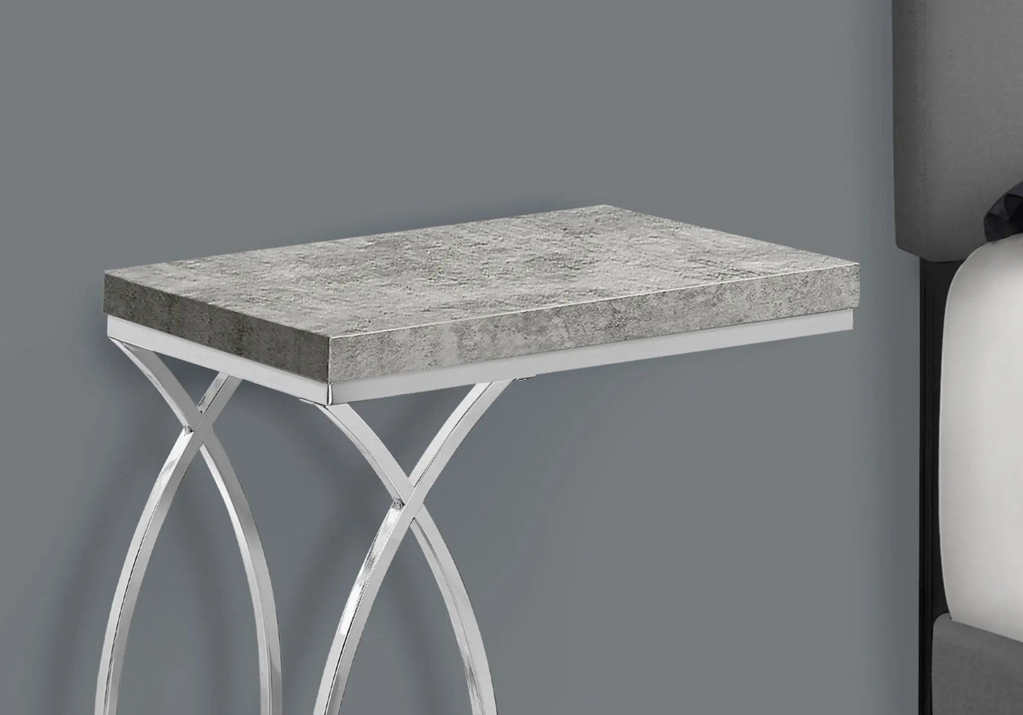 Accent table, C-shaped, stone-top with textured gray surface and chrome X-frame base on Tampa Home & Garden Store