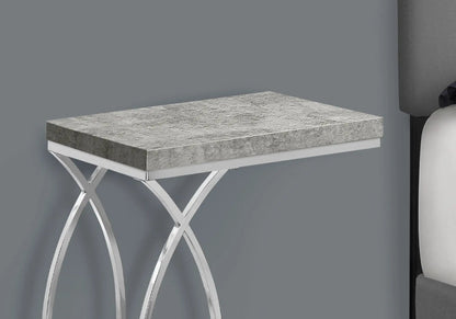 Accent table, C-shaped, stone-top with textured gray surface and chrome X-frame base on Tampa Home & Garden Store