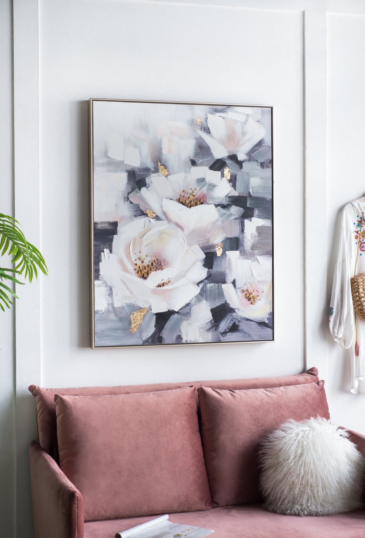 Sarah Framed Floral Wall Art hand-painted canvas in muted blue and pink with gold accents, slim frame on Tampa Home & Garden Store