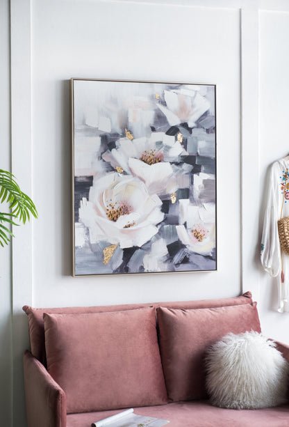 Sarah Framed Floral Wall Art hand-painted canvas in muted blue and pink with gold accents, slim frame on Tampa Home & Garden Store
