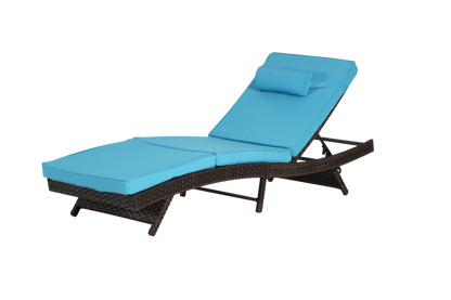Outdoor wicker reclining chair set of 2 with blue cushions and a bolster pillow HouseOfZazla on Tampa Home & Garden Store