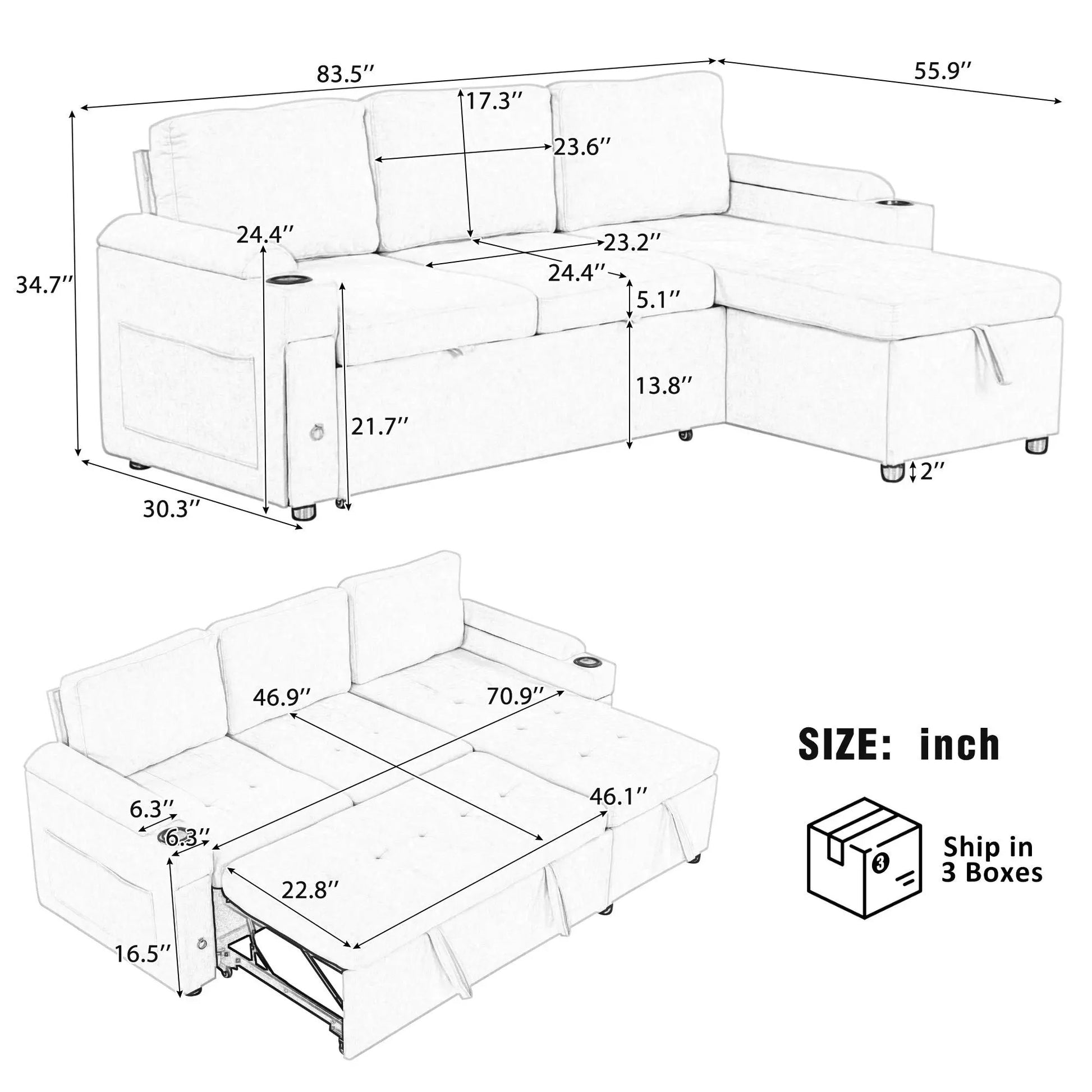 Convertible L-shaped sectional sofa with cupholders and USB ports by Unique Piece Furniture on Tampa Home & Garden Store