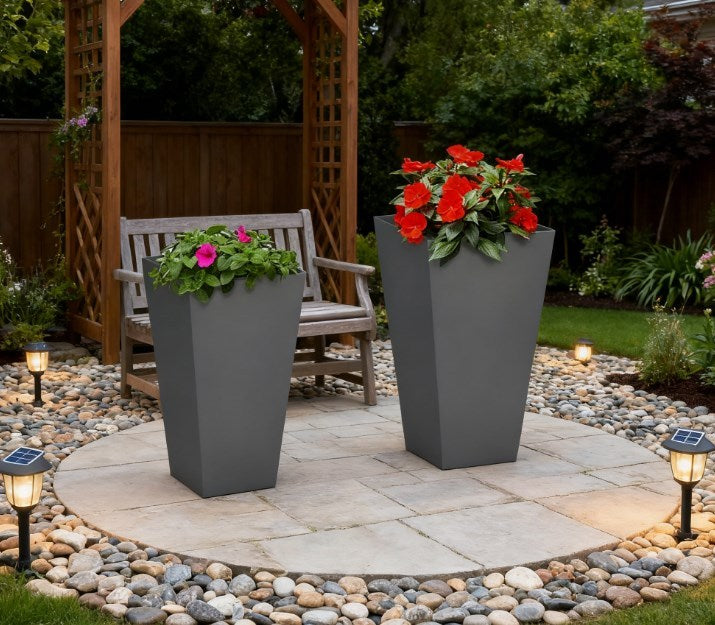 Planters: HouseOfZazla durable square gray outdoor planters, 2-pack, tall with red blooms on Tampa Home & Garden Store
