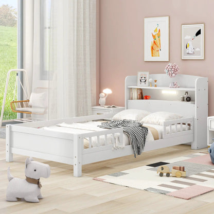 Wood Platform Bed With Led Light and Guardrail
