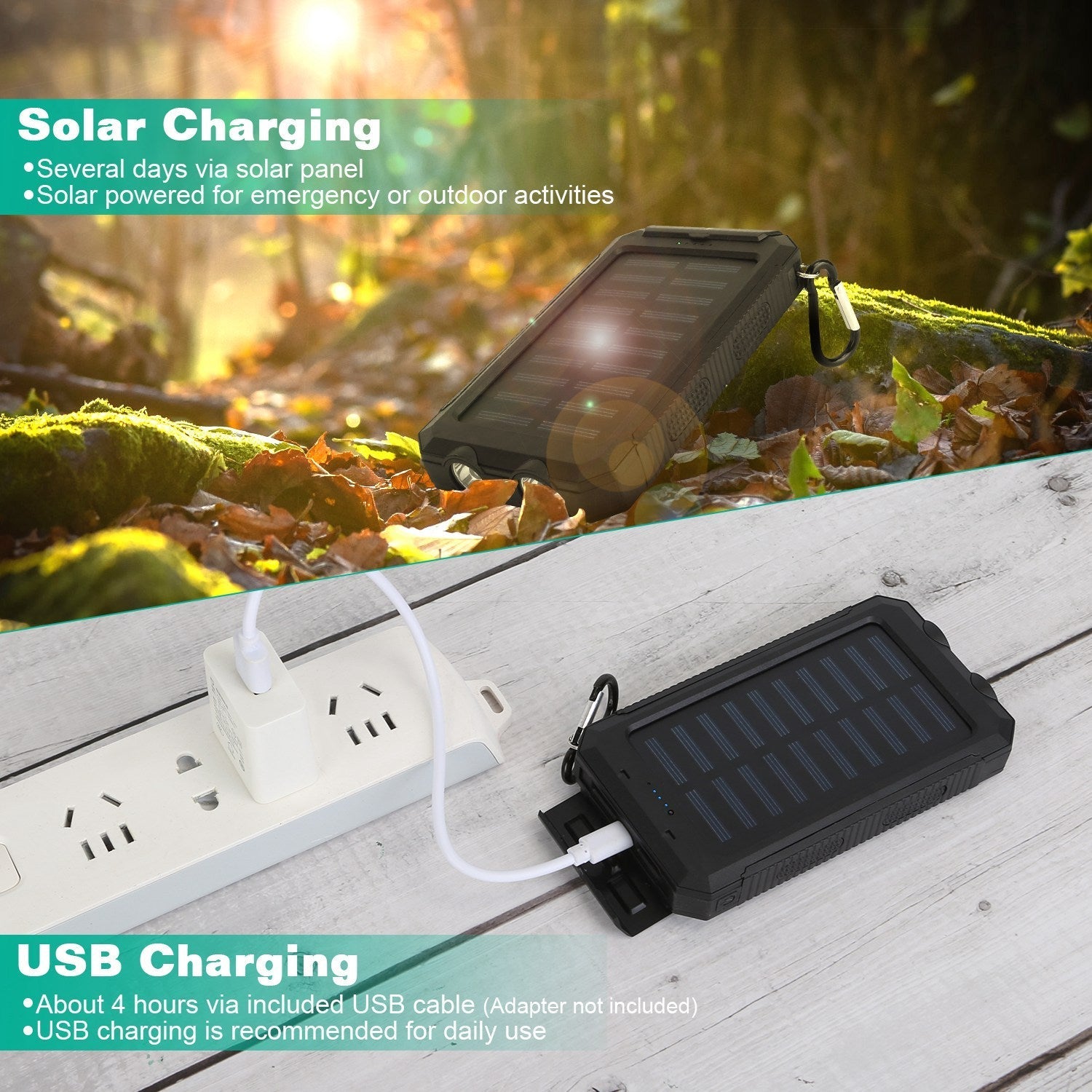 GemGear 10000mAh solar power bank rugged black outdoor charger with dual USB ports carabiner on Tampa Home & Garden Store