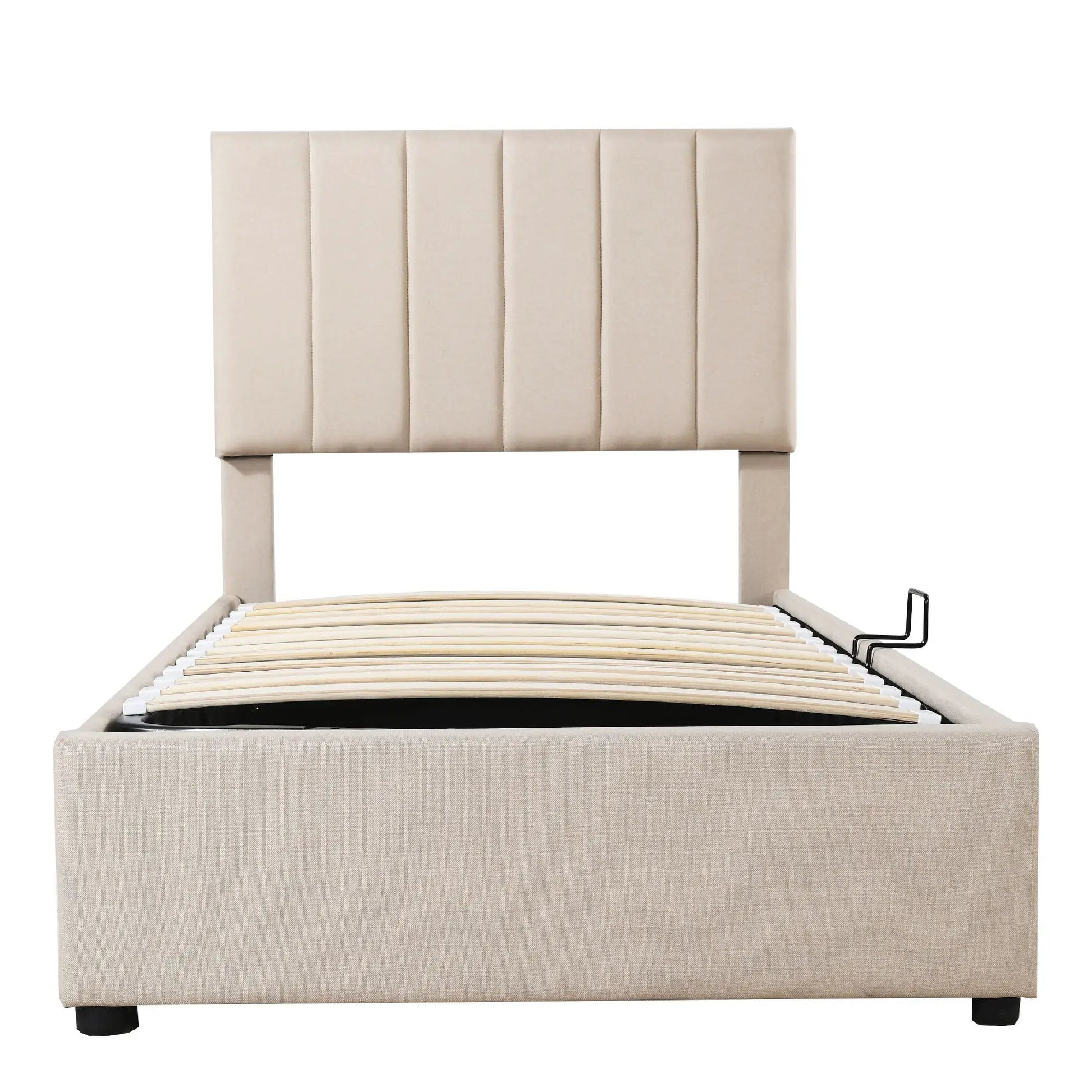 Upholstered platform bed in beige fabric with headboard channels, hydraulic storage lift on Tampa Home & Garden Store