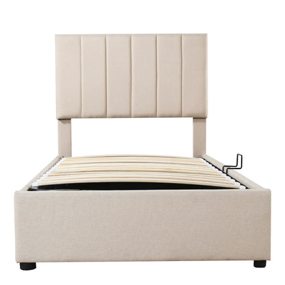 Upholstered platform bed in beige fabric with headboard channels, hydraulic storage lift on Tampa Home & Garden Store