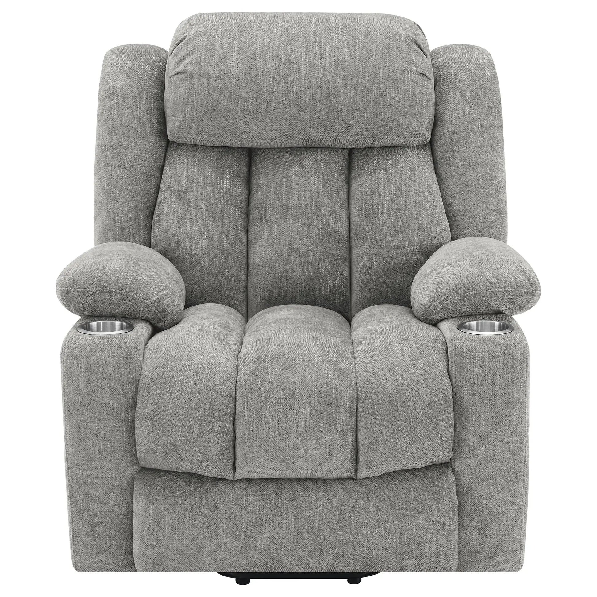 Beca upholstered power lift recliner in gray fabric with two cupholders in the armrests on Tampa Home & Garden Store