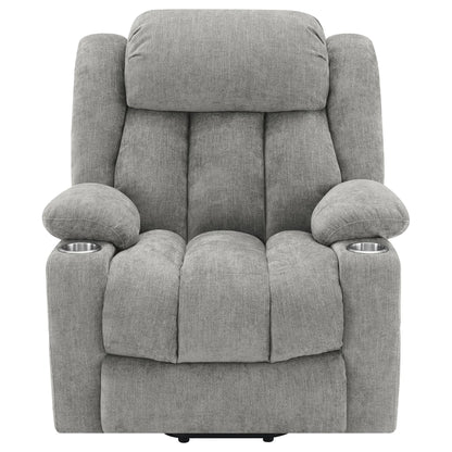 Beca upholstered power lift recliner in gray fabric with two cupholders in the armrests on Tampa Home & Garden Store