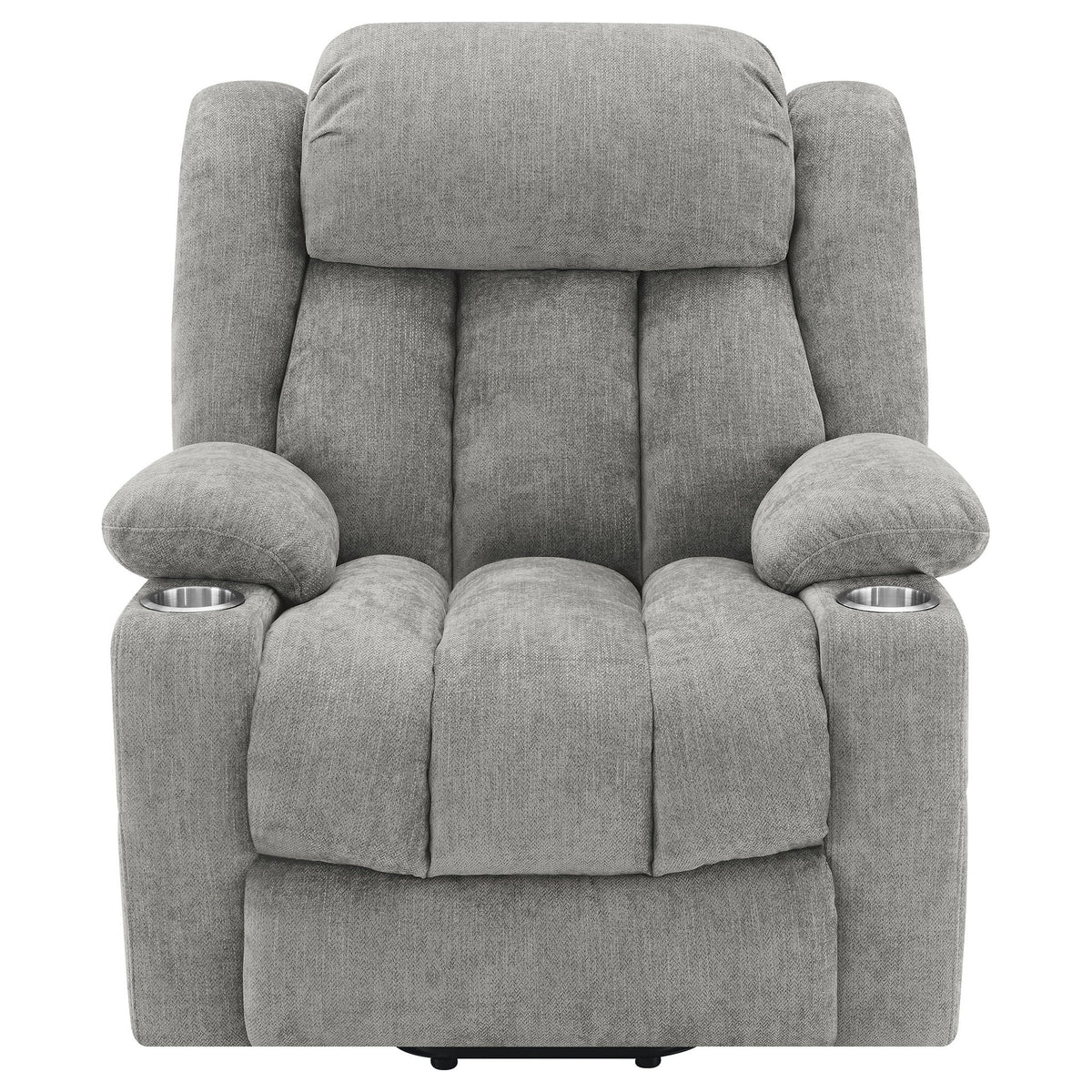 Beca Upholstered Power Lift Recliner in gray fabric with cupholders and USB charging on Tampa Home & Garden Store