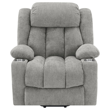 Beca Upholstered Power Lift Recliner in gray fabric with cupholders and USB charging on Tampa Home & Garden Store