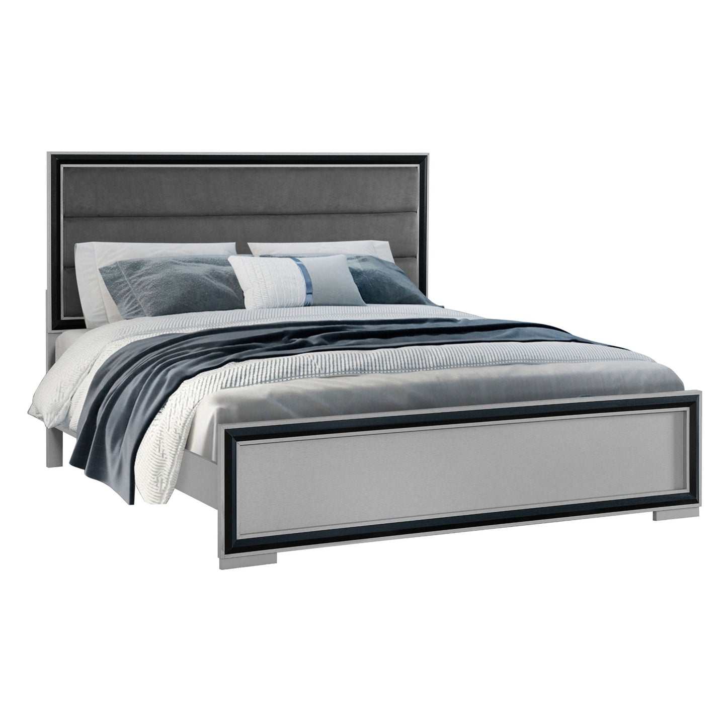 Adelaide bed with LED headboard, grey upholstered platform bed with black trim by HouseOfZazla on Tampa Home & Garden Store