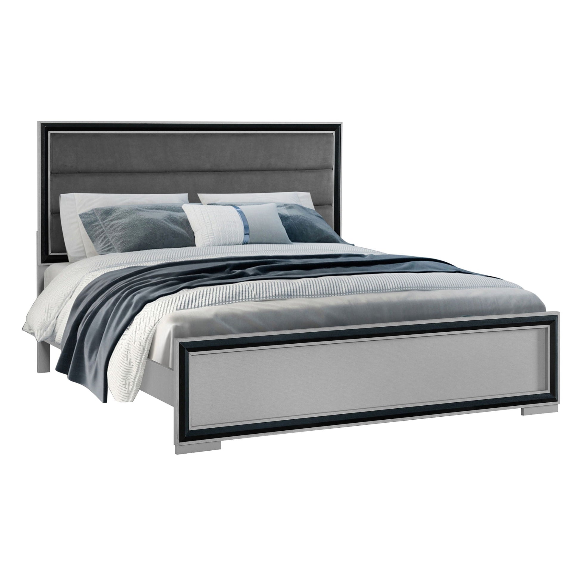 Adelaide bed with LED headboard, grey upholstered platform bed with black trim by HouseOfZazla on Tampa Home & Garden Store