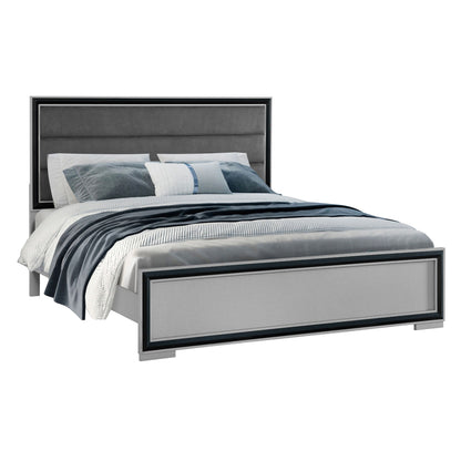 Adelaide bed with LED headboard, grey upholstered platform bed with black trim by HouseOfZazla on Tampa Home & Garden Store