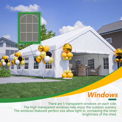 White 20x32 ft party tent with windows, outdoor setup with gold balloons on Tampa Home & Garden Store