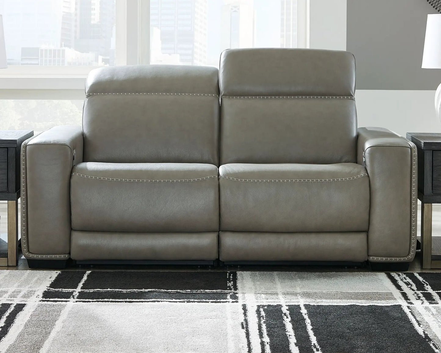 Correze Power Reclining Sectional gray leather with stitched seams Unique Piece Furniture on Tampa Home & Garden Store
